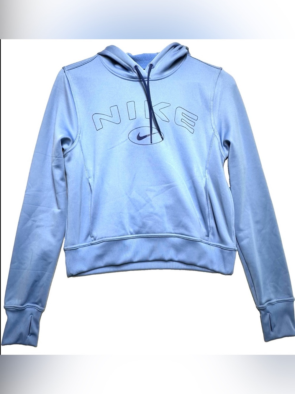 Nike Womens XL Blue Therma FIT Fleece Pullover Hoodie Thumbholes Logo
